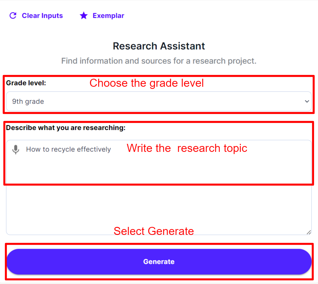 A screenshot of the research assistant tool including the grade level box and the describe what you are researching box, and the generate button.